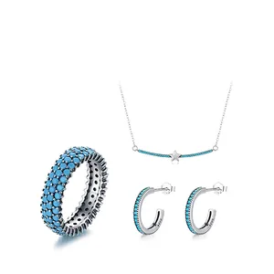 S925 sterling silver jewelry set with turquoise blue stones, necklace, ring and earrings