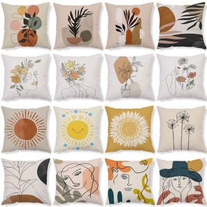 Detailed grid showing sixteen cotton linen pillow covers with abstract floral and line art