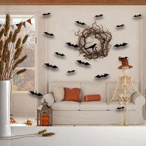 Halloween black bat wall decals with wreath and poseable skeleton for party decor