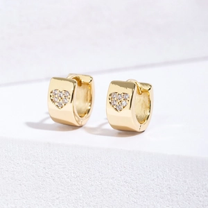 Golden heart-shaped wide hoop earrings with micro-paved zircons and polished finish