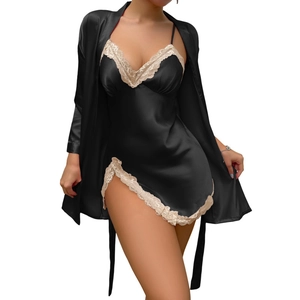 Elegant black satin two-piece sleepwear set with lace trim and v-neck chemise