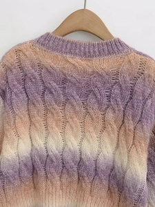 Detailed cable knit pattern on gradient purple and orange ombre crewneck sweater