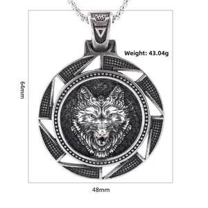 Macro detail of men's vintage wolf head pendant showing weight and 64mm x 48mm dimensions