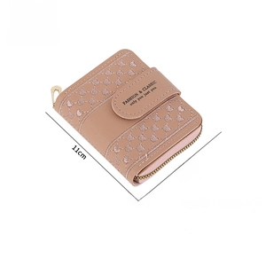 Pink zippered short wallet for women featuring heart embroidery, 11cm x 9cm x 3cm size