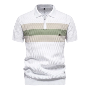 Detail of men's polo shirt featuring beige stripes and wave-textured knit fabric