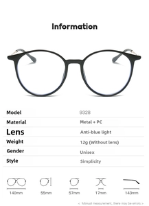 Detailed size chart for round metal glasses 9328 featuring precise frame dimensions