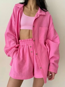 Women Casual Loungewear Cotton Crinkle Texture Long Sleeve Shirt And Shorts Solid Color Oversized Streetwear