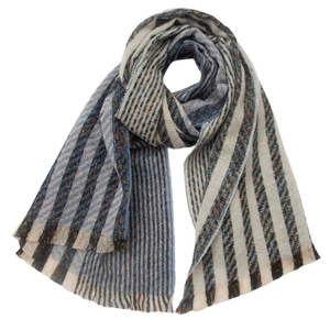 Detail of blue, beige, and grey striped knitted scarf with soft fringed edges