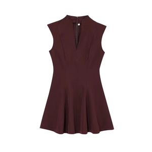 Sleeveless deep wine red crepe mini dress with V-neckline in a 3D ghost mannequin view