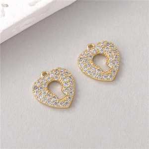 Golden 3D heart pendant with clear zircons and keyhole cutout for DIY jewelry