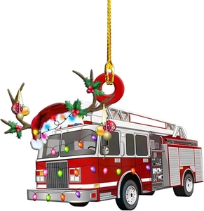 Christmas fire truck acrylic ornament featuring reindeer antlers and festive holiday lights