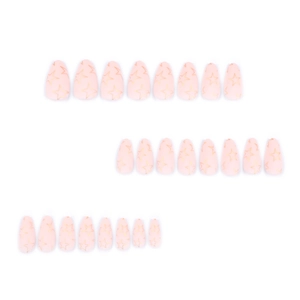 Pink press on nails with gold pentagram stars, long almond shape, full set of 24 pieces