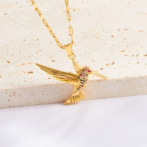Hummingbird pendant necklace with colorful cubic zirconia stones in gold finish