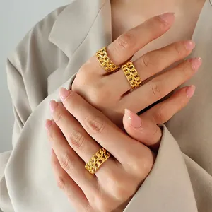 Double-layered 18k gold plated chain link ring in adjustable open style for women