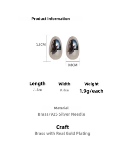 Detailed view of silver oval stud earrings with 1.3cm height and 0.8cm width dimensions