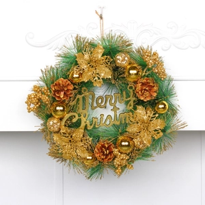 Artificial Christmas Wreath Golden Poinsettia Pinecones Merry Christmas Sign Front Door Wall Hanging Holiday Party Home Decor