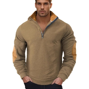 Herren Half-Zip Sweatshirt in Khaki mit braunen Ellbogen-Patches und schmaler Passform