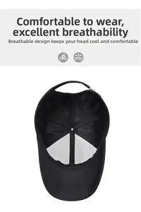 Detail view of the breathable mesh lining and neat stitching inside this black baseball cap