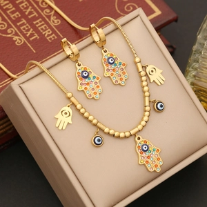 Hamsa Hand Evil Eye Necklace And Earrings And Bracelet Stainless Steel Gold Plated Colorful Rhinestone Snake Chain Women