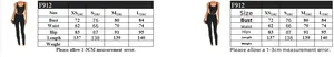 Size chart for black hollow-out mesh jumpsuit with bust, waist, and hip measurements
