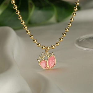 Copper Gold Plated Tree Of Life Pendant Necklace With Pink Enamel Rhinestones Elegant Jewelry Gift For Women