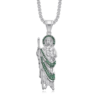 Hip hop Saint Jude pendant necklace with green diamonds in silver tone finish