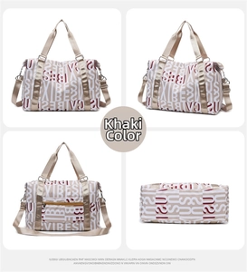 Detail view showing four angles of a khaki travel bag with VIBES lettering and shoulder strap