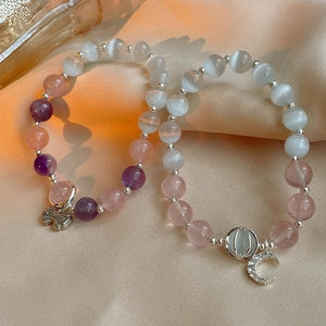 Vintage cat-eye stone bracelet with crystal butterfly and moon charms for women