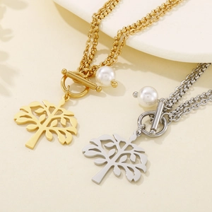 Dual-layer stainless steel tree of life necklaces in gold and silver with pearl and OT buckle
