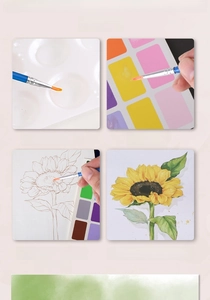 Step-by-step DIY watercolor painting kit tutorial with sunflower pattern and pigments