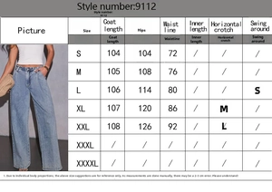 Detailed size guide table for loose wide leg denim trousers with measurements in centimeters