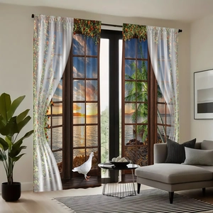 Polyester curtains featuring a 3D tropical sunset and ocean view through a window frame