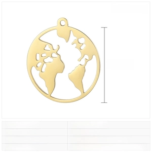 Detailed dimensions of 21mm hollow world map globe pendant in gold stainless steel