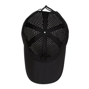 Breathable black mesh baseball cap with diamond perforations and adjustable rear closure