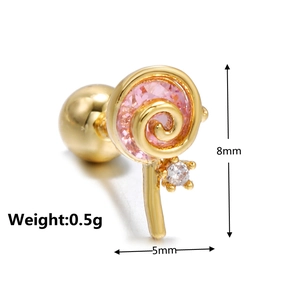 Macro detail of gold lollipop stud earrings with pink zircon and 8mm size dimensions