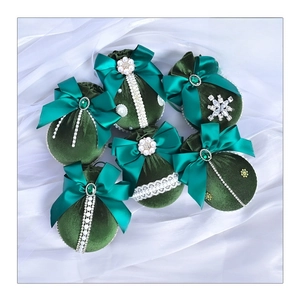 Detail of 6pcs velvet Christmas balls with satin bows and sparkling rhinestone snowflake accents