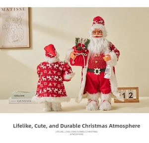 Front and back view of a plush Santa Claus figure with white reindeer and snowflake patterns