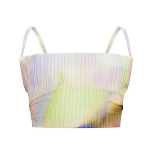 Detail of multi-color gradient pleated camisole with thin spaghetti straps and artsy print