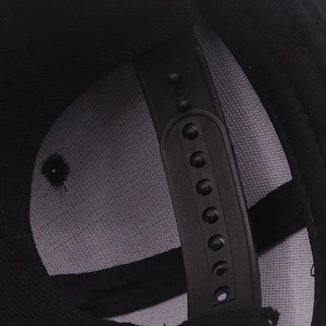 Adjustable snapback closure and interior detail of a black hip-hop baseball cap