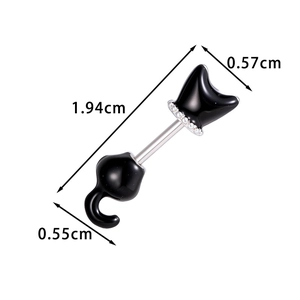 Titanium steel black cat screw back earring with dimensions 1.94cm in length and 0.57cm width