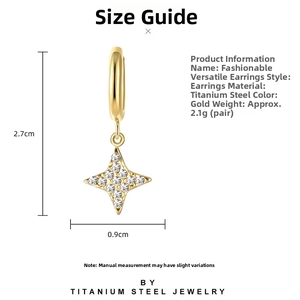 Detailed size specifications of gold star drop earrings with dimensions and titanium steel material
