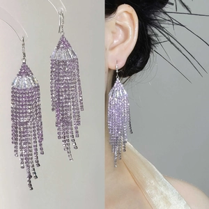Elegant purple zircon fan-shaped tassel earrings with long silver metal fringe for women