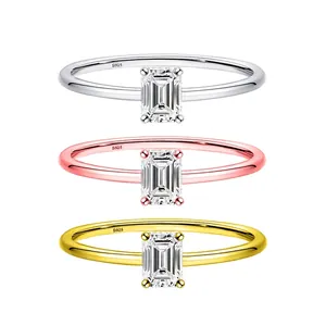 925 Sterling Silver Moissanite Ring For Women Emerald Cut Rectangular Zirconia Solitaire Adjustable Elegant Fashion Jewelry Gift
