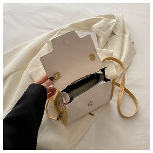 Detail view of the beige patchwork crossbody bag interior with dual compartments
