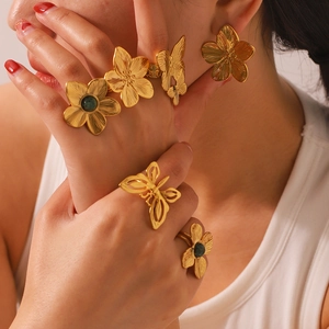 Flower Butterfly Open Rings For Women Stainless Steel 18K Gold Plated Inlaid Turquoise Adjustable Retro Jewelry