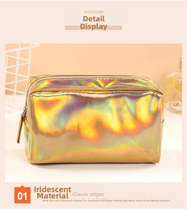 Macro shot of waterproof laser PU leather with iridescent finish on makeup bag