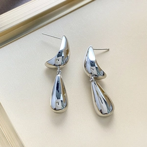 Detailed view of silver-toned metal water drop earrings with a high-polished finish