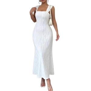 Elegant white square neck sleeveless midi dress with textured striped bodycon fit