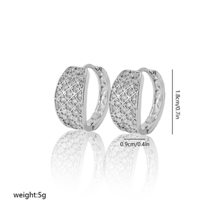 Silver huggie earrings with diamond-set lattice pattern and size dimensions details