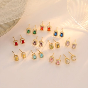 Colorful square zircon earring set with micro-inlaid white diamonds in gold finish